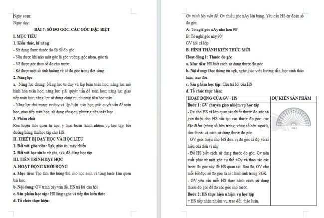 Giáo án Toán 6 Bài 7: Số đo góc. Các góc đặc biệt