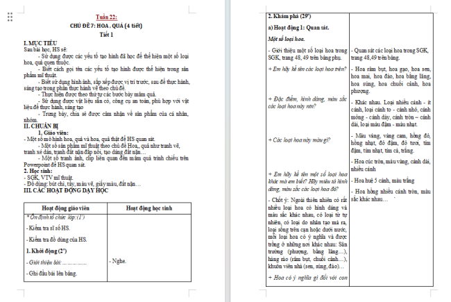 Giáo án Mĩ thuật 1 Chủ đề 7: Hoa, quả