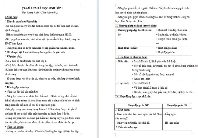 Giáo án Mĩ thuật 1 Chủ đề 9: Em là học sinh lớp 1