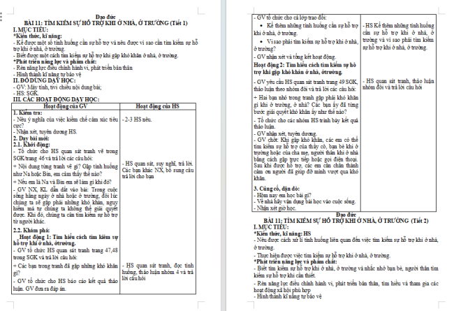Giáo án Đạo đức 2 Bài 11: Tìm kiếm sự hỗ trợ khi ở nhà, ở trường
