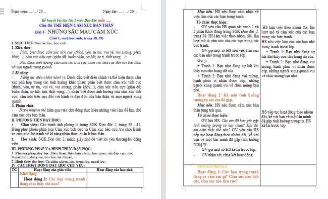 Giáo án Đạo đức 2 Bài 9: Những sắc màu cảm xúc