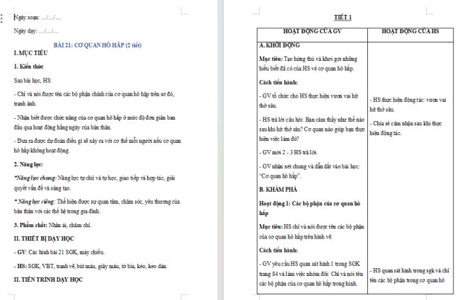Giáo án Tự nhiên và xã hội 2 Bài 21: Cơ quan hô hấp