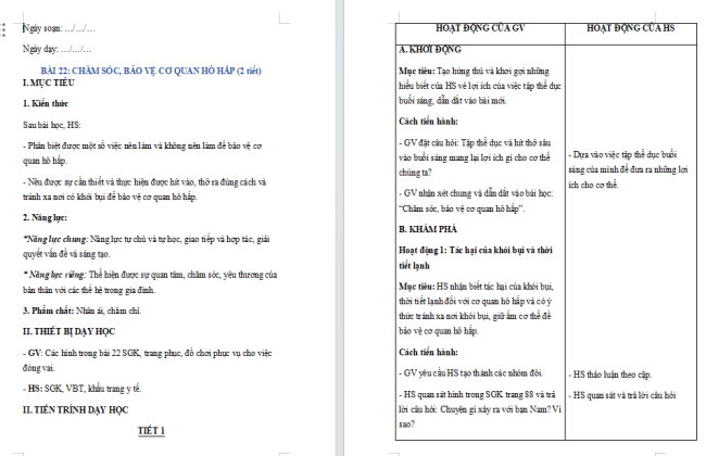 Giáo án Tự nhiên và xã hội 2 Bài 22: Chăm sóc, bảo vệ cơ quan hô hấp