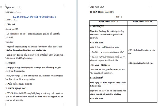 Giáo án Tự nhiên và xã hội 2 Bài 23: Cơ quan bài tiết nước tiểu