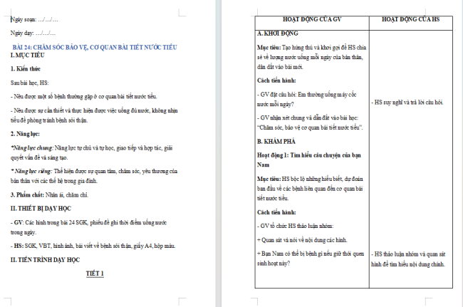 Giáo án Tự nhiên và xã hội 2 Bài 24: Chăm sóc, bảo vệ cơ quan bài tiết nước tiểu