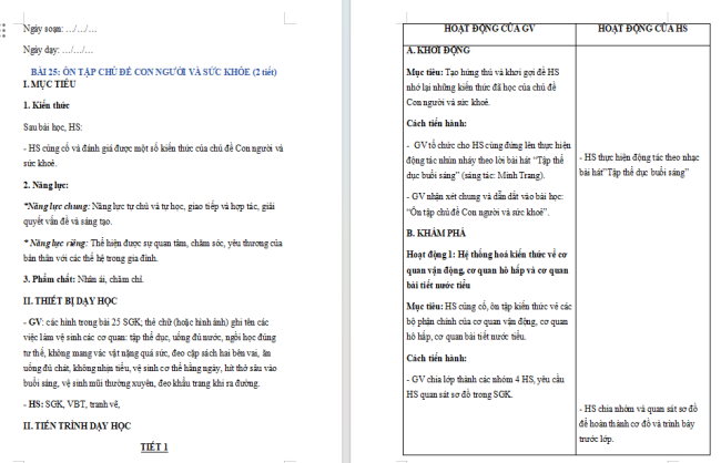Giáo án Tự nhiên và xã hội 2 Bài 25: Ôn tập chủ đề Con người và sức khoẻ