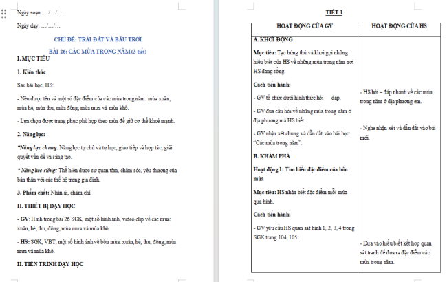Giáo án Tự nhiên và xã hội 2 Bài 26: Các mùa trong năm
