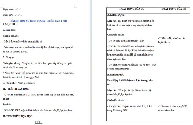 Giáo án Tự nhiên và xã hội 2 Bài 27: Một số hiện tượng thiên tai