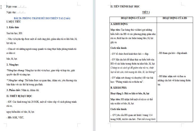 Giáo án Tự nhiên và xã hội 2 Bài 28: Phòng tránh rủi ro thiên tai