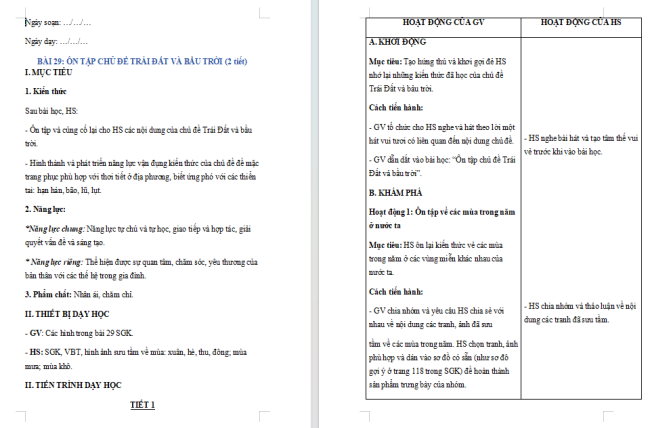 Giáo án Tự nhiên và xã hội 2 Bài 29: Ôn tập chủ đề Trái đất và bầu trời
