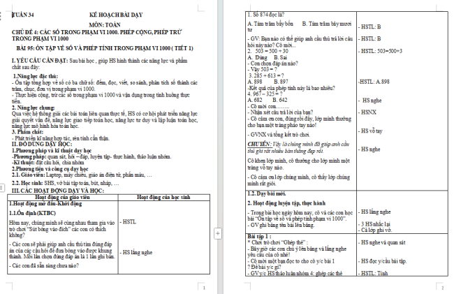 Giáo án Toán 2 Ôn tập về số và các phép tính trong phạm vi 1000