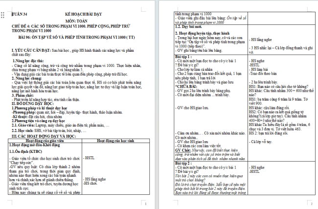 Giáo án Toán 2 Ôn tập về số và các phép tính trong phạm vi 1000 (tiếp theo)