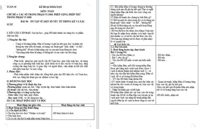 Giáo án Toán 2 Ôn tập về một số yếu tố thống kê và xác suất