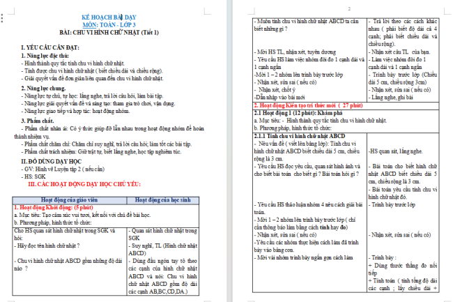 Giáo án Toán 3: Chu vi hình chữ nhật