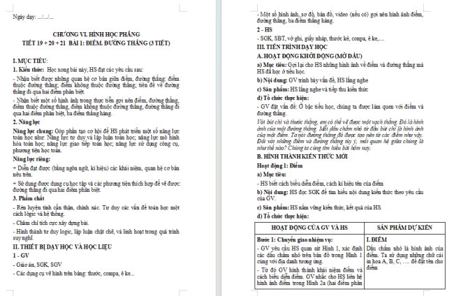 Giáo án Toán 6 Bài 1: Điểm. Đường thẳng