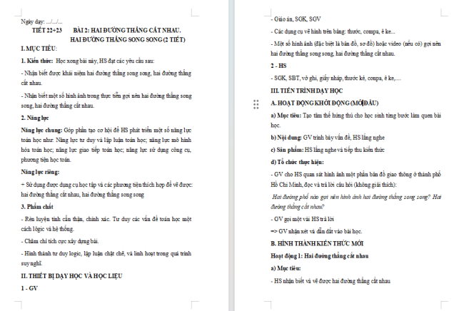 Giáo án Toán 6 Bài 2: Hai đường thẳng cắt nhau. Hai đường thẳng song song