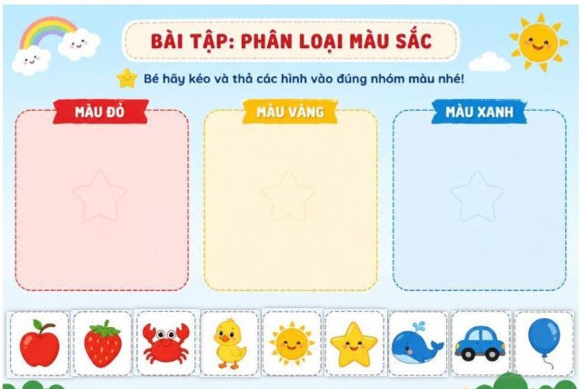 Dùng Liveworksheets hoặc PowerPoint để tạo bài tập kéo-thả phân loại màu sắc