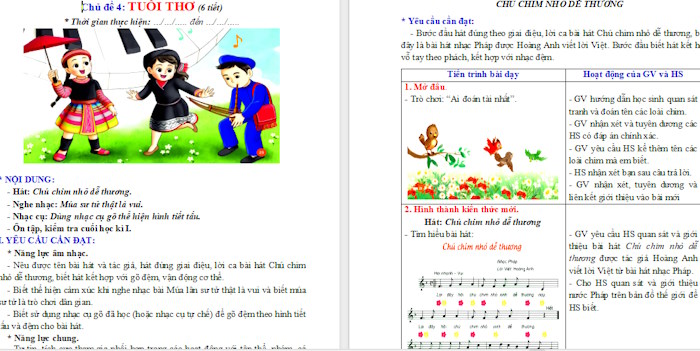 Giáo án Âm nhạc 2 Tiết 13: Học bài hát Chú chim nhỏ dễ thương