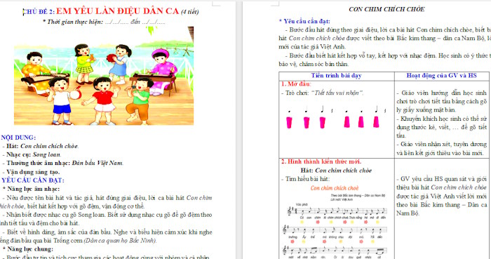 Giáo án Âm nhạc 2 Tiết 5: Học bài hát Con chim chích choè