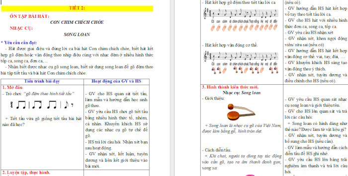 Giáo án Âm nhạc 2 Tiết 6: Ôn tập bài hát Con chim chích choè. Nhạc cụ song loan