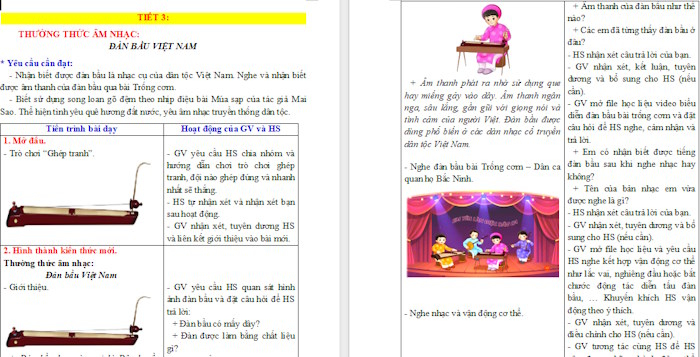 Giáo án Tiết 7: Thường thức âm nhạc Đàn bầu Việt Nam. Vận dụng sáng tạo