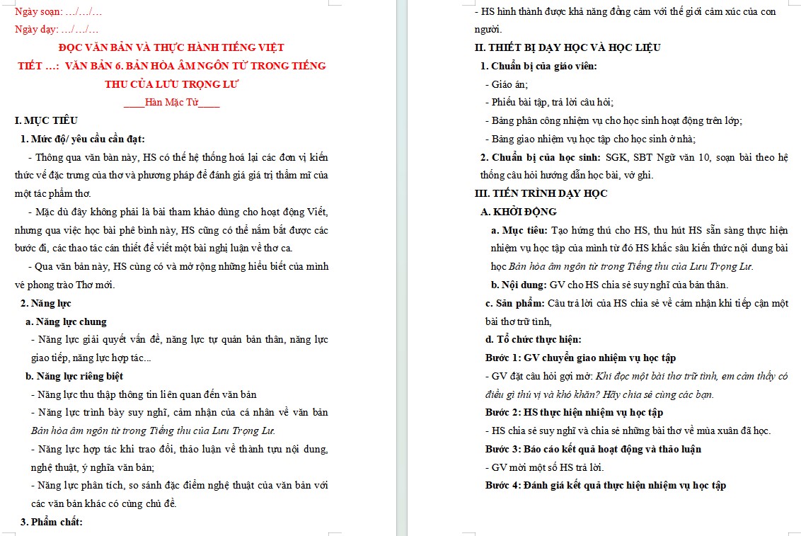 Giáo án Bài Bản hoà âm ngôn từ trong Tiếng thu của Lưu Trọng Lư Ngữ văn 10 KNTT