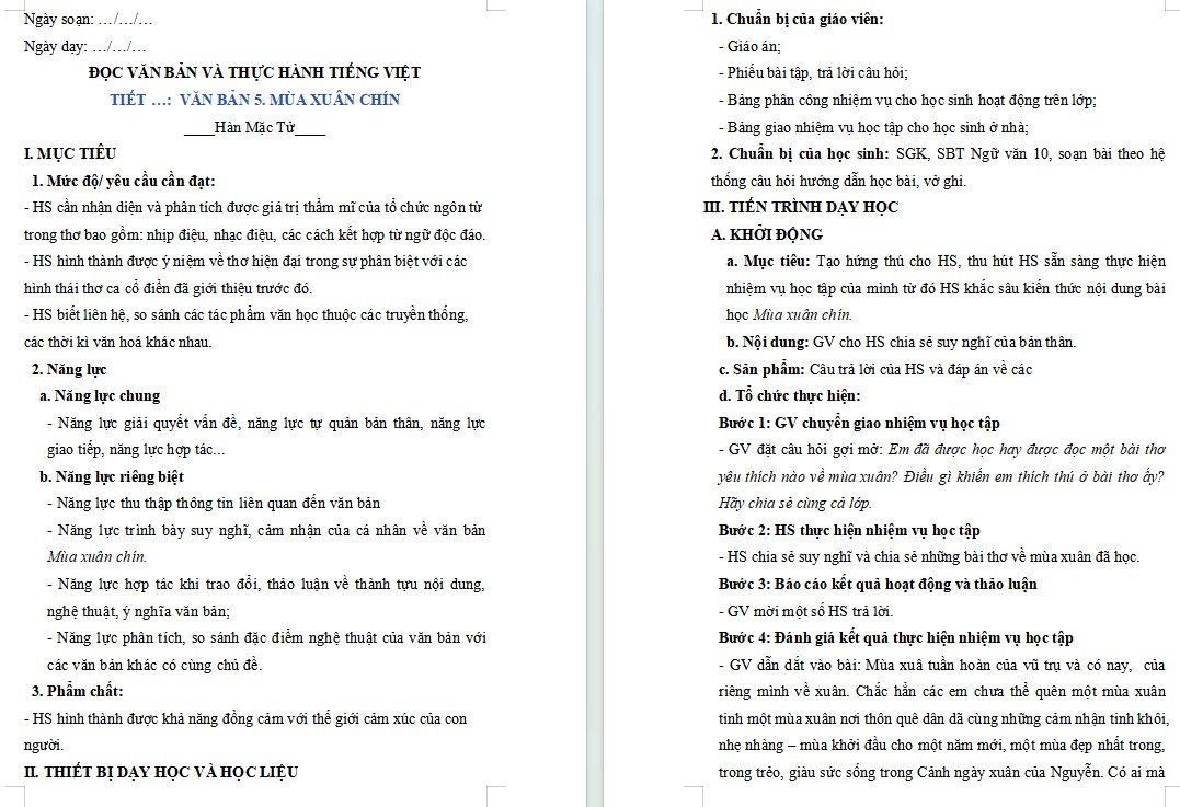 Giáo án Bài Mùa xuân chín Ngữ văn 10 KNTT