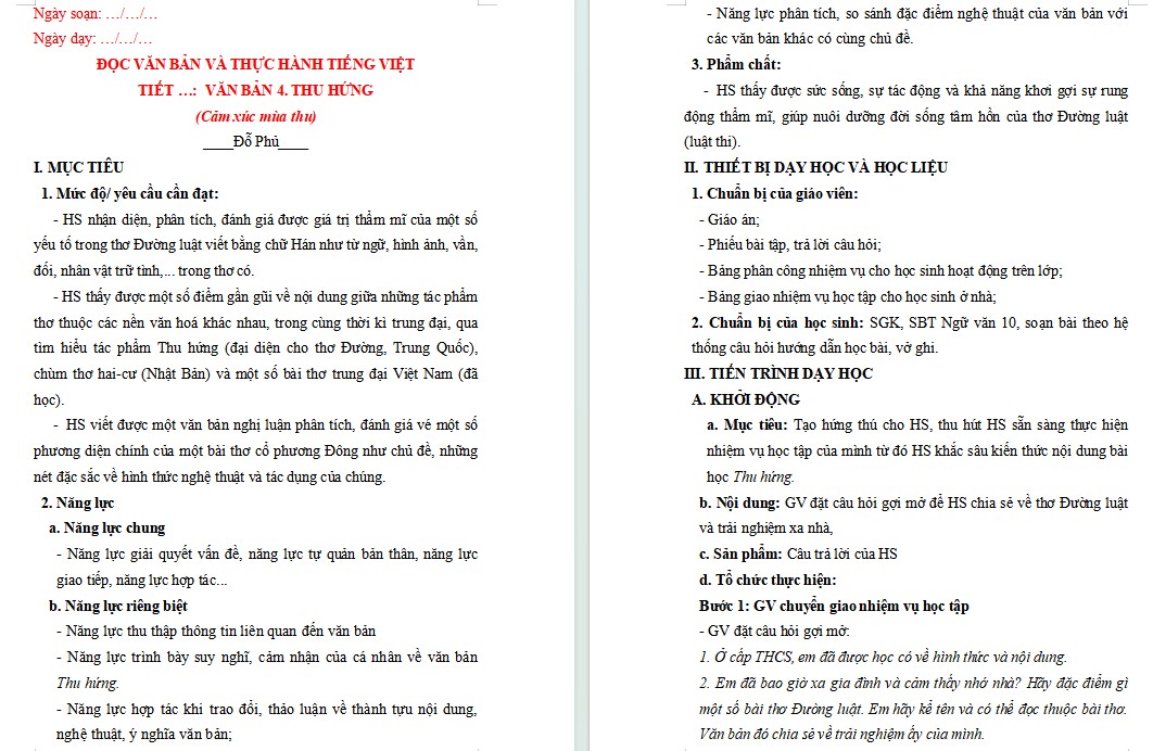 Giáo án Bài Thu hứng Ngữ văn 10 KNTT