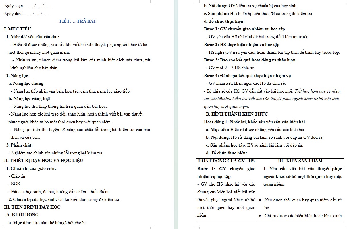 Giáo án Bài 3 Tiết trả bài Ngữ văn 10 KNTT