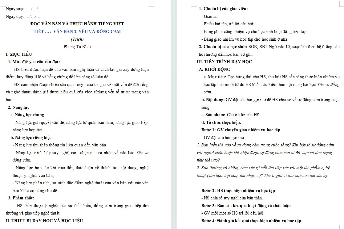 Giáo án Bài Yêu và đồng cảm Ngữ văn 10 KNTT