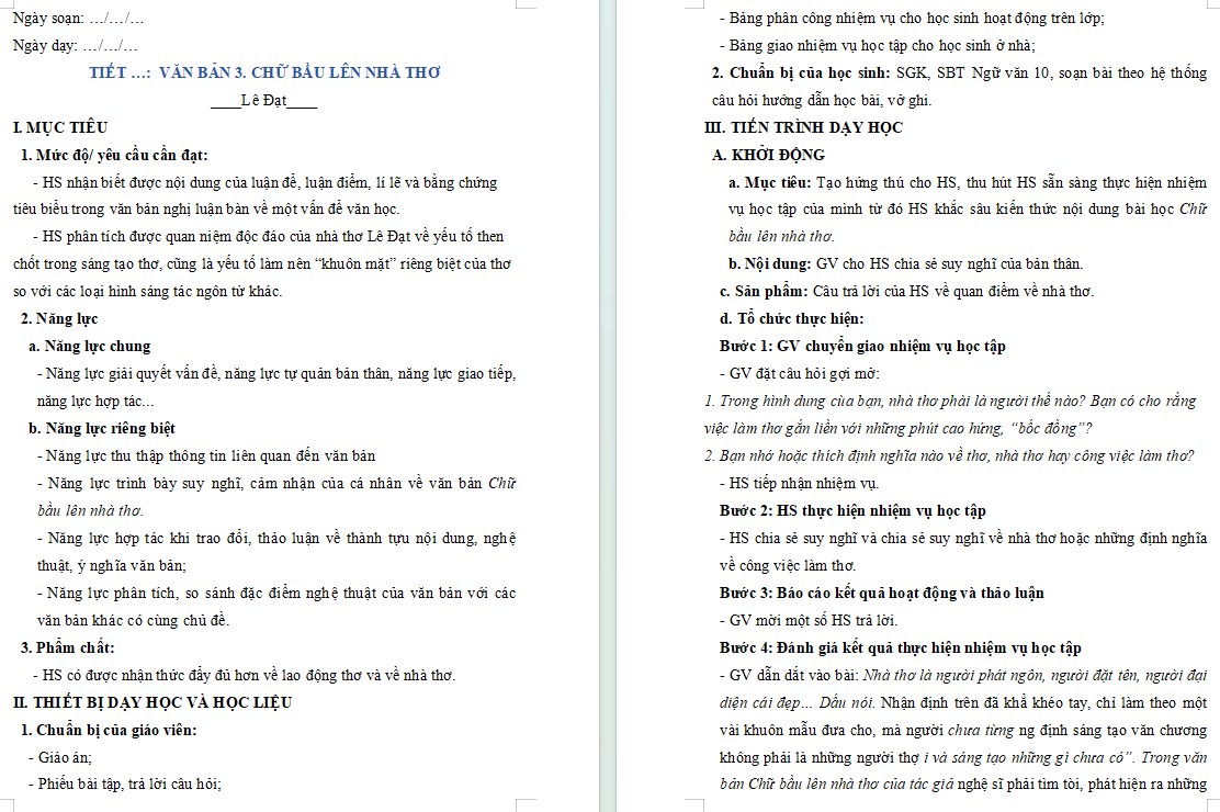 Giáo án Bài Chữ bầu lên nhà thơ Ngữ văn 10 KNTT