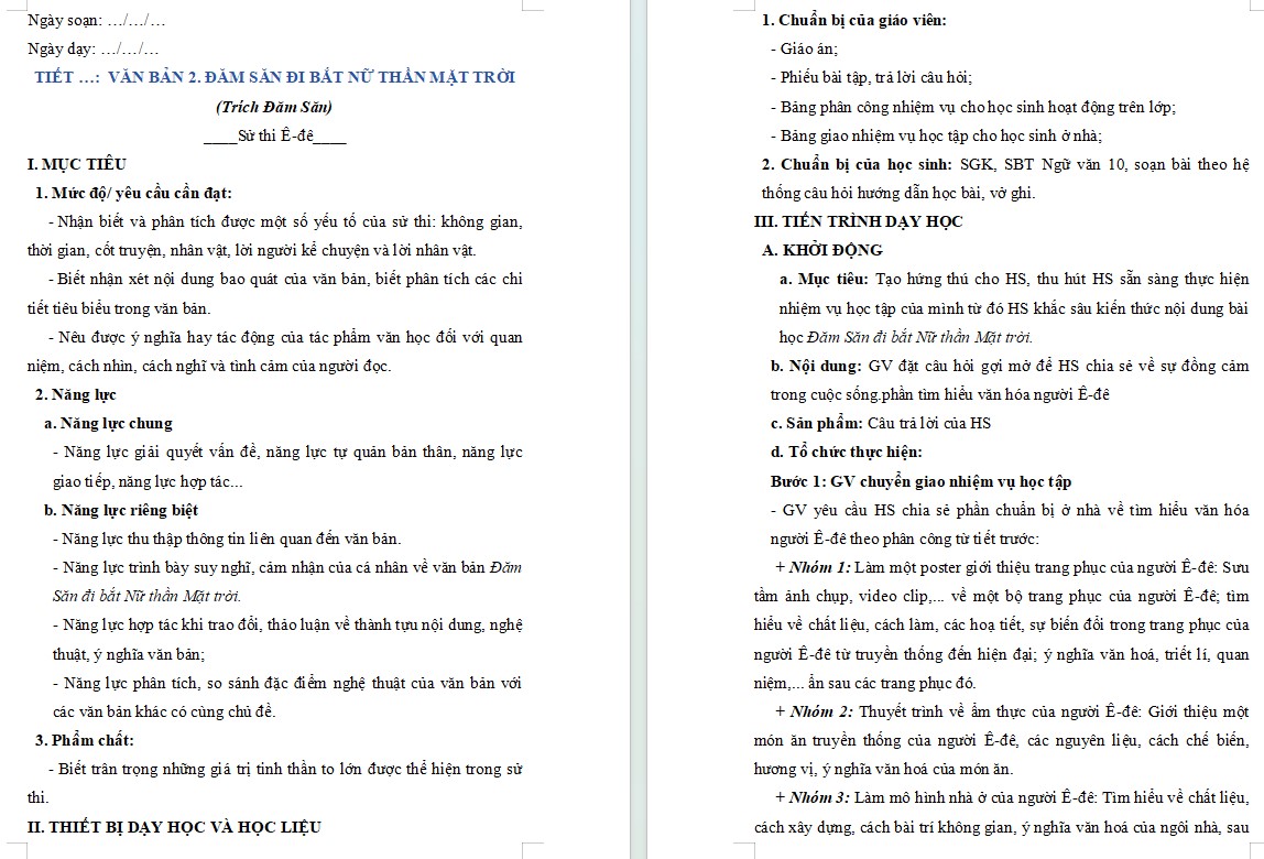 Giáo án Bài Đăm Săn đi bắt Nữ Thần Mặt Trời Ngữ văn 10 KNTT