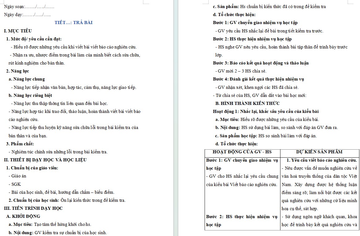 Giáo án Bài 5 Tiết trả bài Ngữ văn 10 KNTT