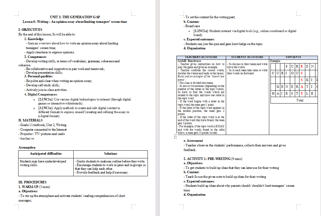 Giáo án Tiếng Anh 11 Unit 2: Writing