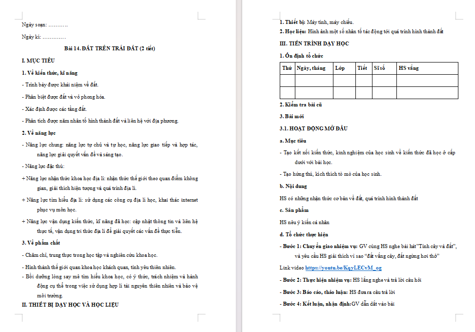 Giáo án Địa lí 10 Bài 14: Đất trên Trái Đất
