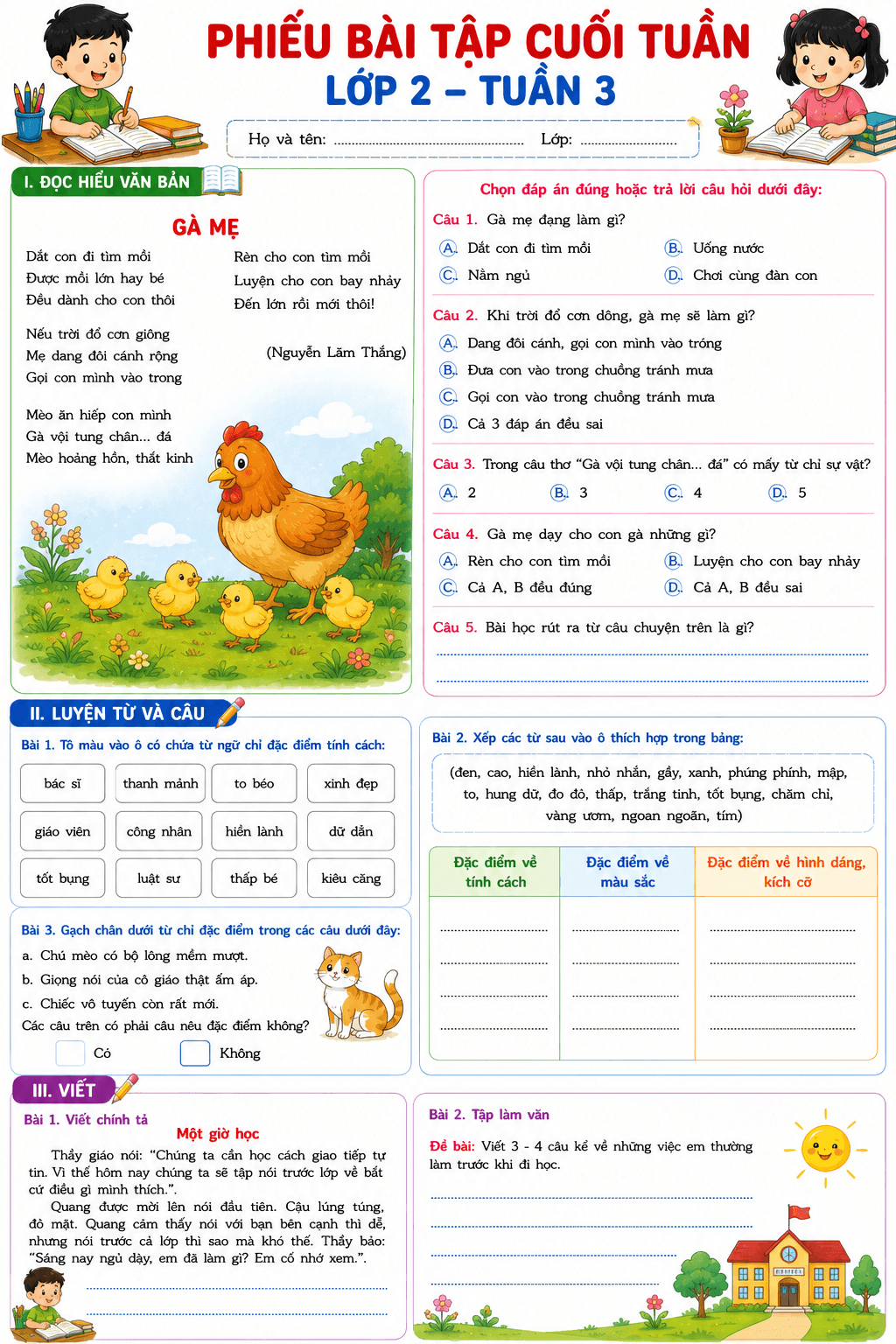 Bài tập cuối tuần môn Tiếng Việt 2 KNTT Tuần 3 - Bộ số 1