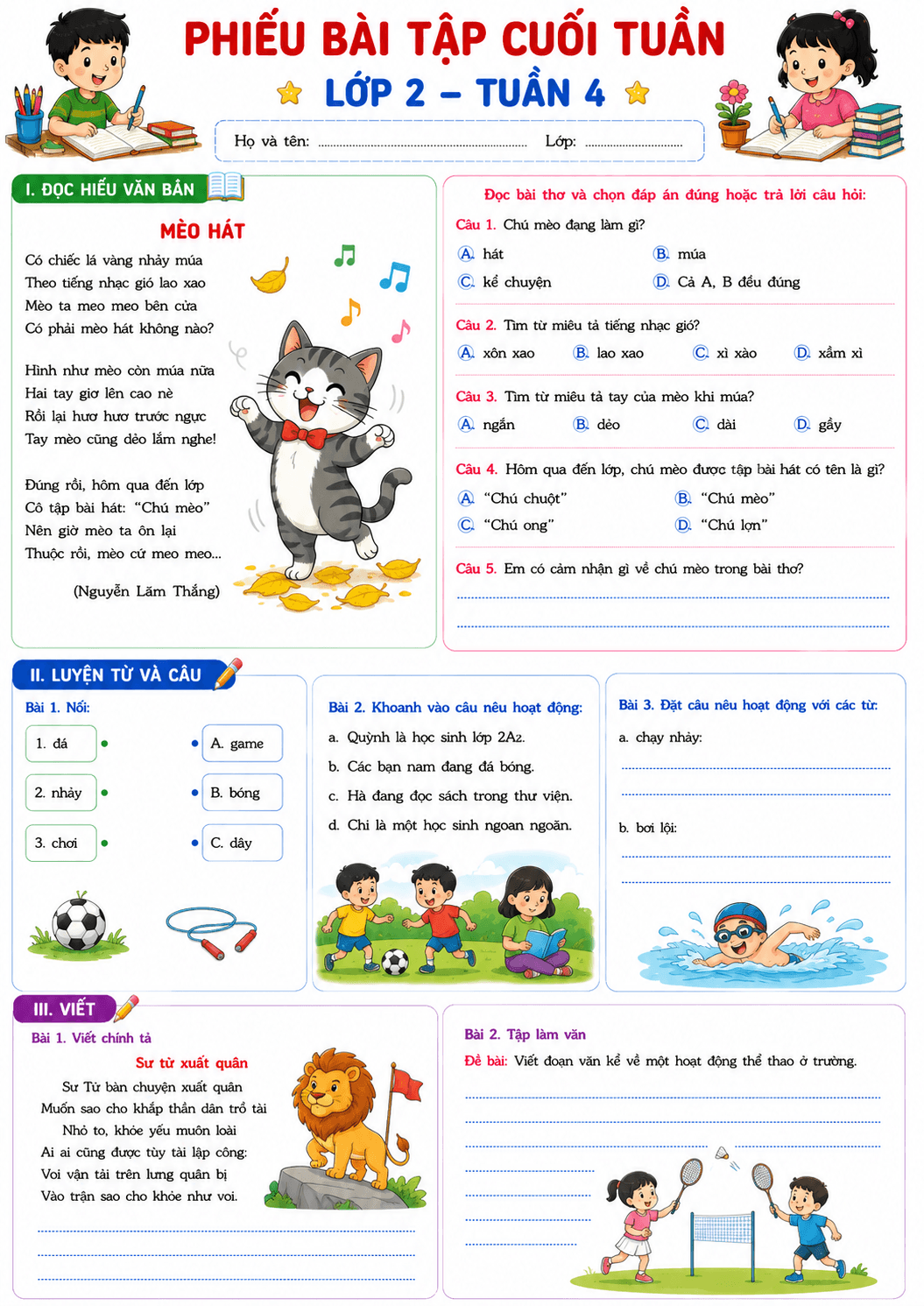 Bài tập cuối tuần môn Tiếng Việt 2 KNTT Tuần 4 - Bộ số 1