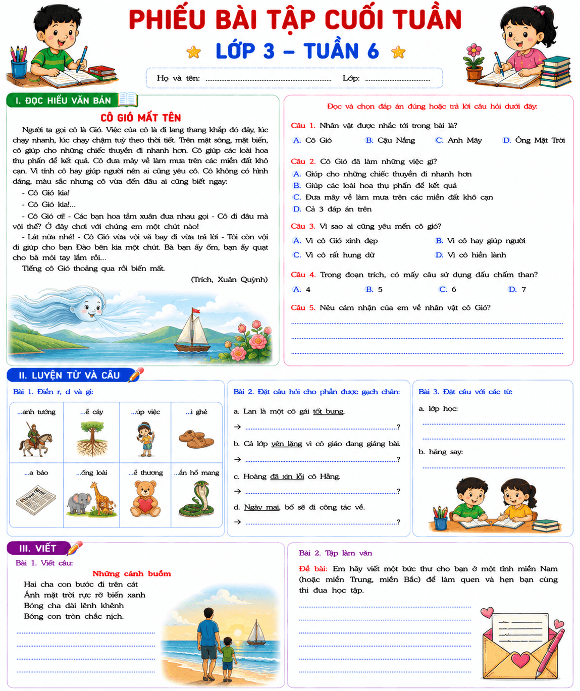 Phiếu bài tập cuối tuần lớp 3 môn Tiếng Việt Kết nối tri thức - Tuần 6