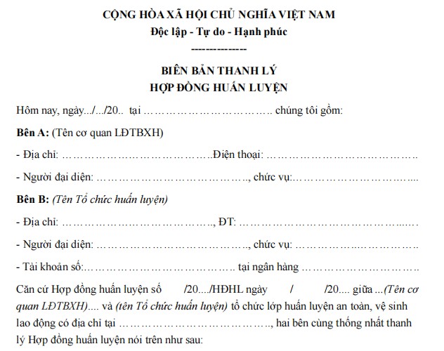 Mẫu biên bản thanh lý hợp đồng huấn luyện