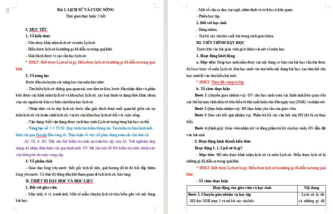 Giáo án tích hợp Năng lực số, AI Lịch sử 6