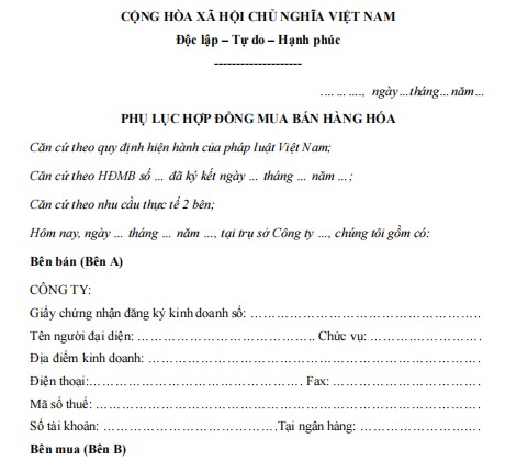 Mẫu phụ lục hợp đồng kinh tế mua bán hàng hóa