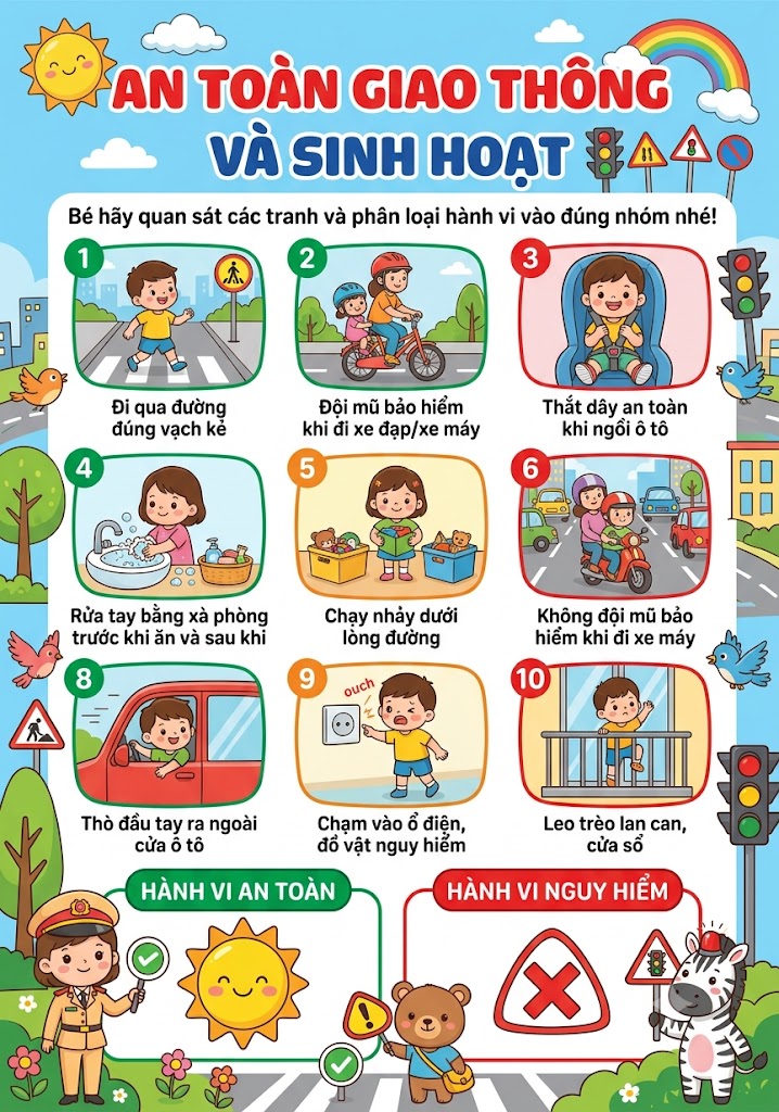 Tạo phiếu bài tập mầm non chủ đề An toàn giao thông và sinh hoạt