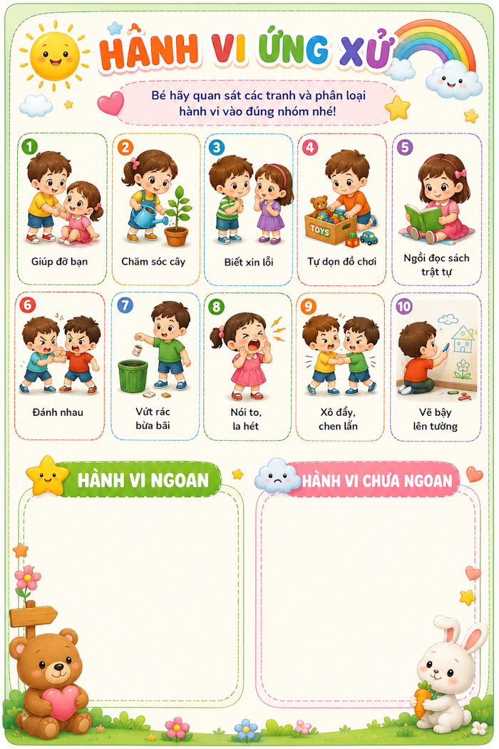 Phiếu bài tập cho trẻ mầm non chủ đề Hành vi ứng xử