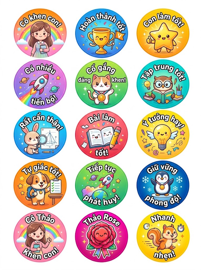 Thiết kế 1 trang sticker khen thưởng học sinh