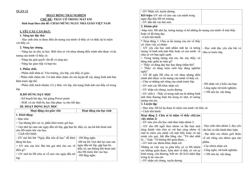 Giáo án Hoạt động trải nghiệm lớp 3 Tuần 12