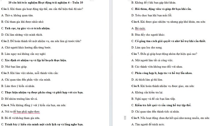 Trắc nghiệm Hoạt động trải nghiệm 4 Tuần 10