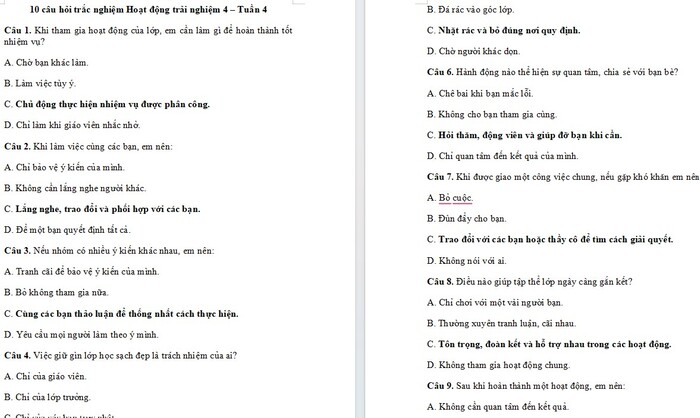 Trắc nghiệm Hoạt động trải nghiệm 4 Tuần 4