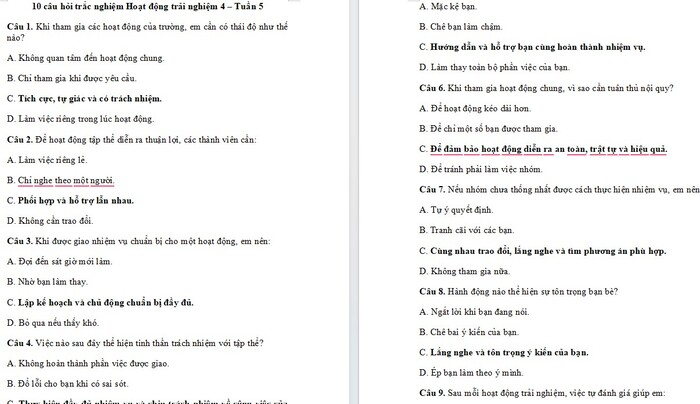 Trắc nghiệm Hoạt động trải nghiệm 4 Tuần 5
