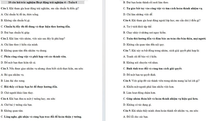 Trắc nghiệm Hoạt động trải nghiệm 4 Tuần 6