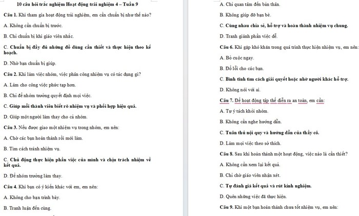 Trắc nghiệm Hoạt động trải nghiệm 4 Tuần 9